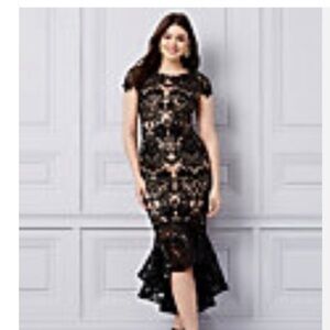 Embroidered lace knit trumpet hem dress